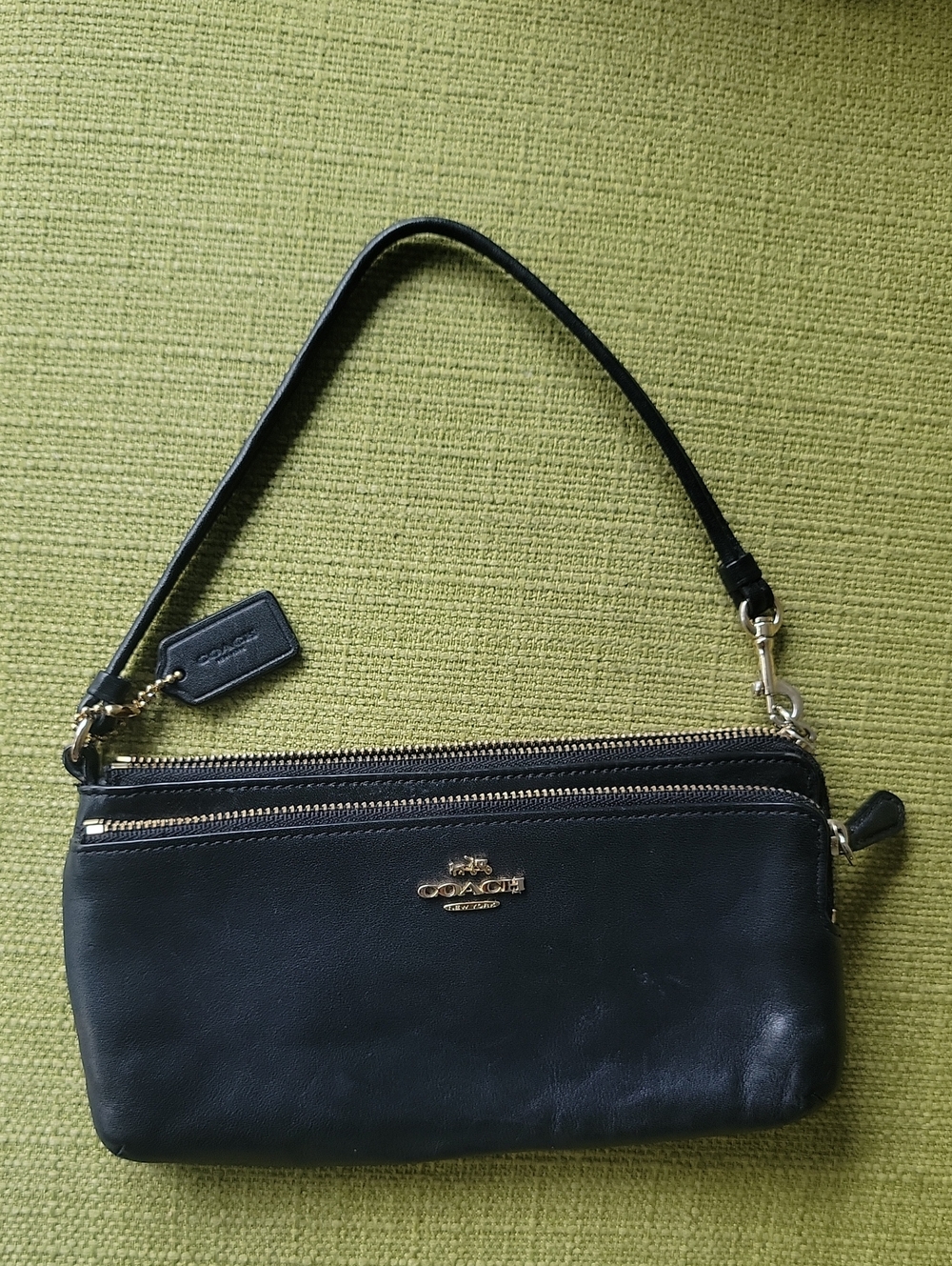 Coach Black Leather Double-Zip Wristlet with Gold Hardware
